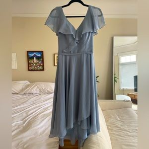 JJs House A-Line V-Neck Asymmetrical Chiffon Dusty Blue Bridesmaid Dress